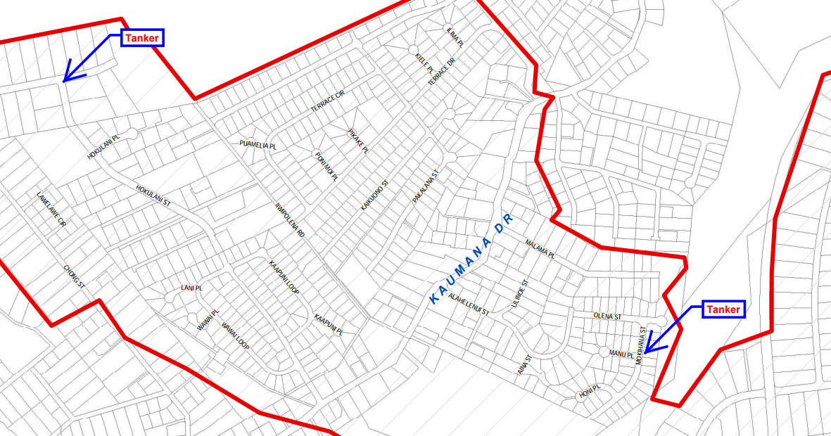 Map shows location of Water Tankers available in Hilo, courtesy the Dept. of Water Supply