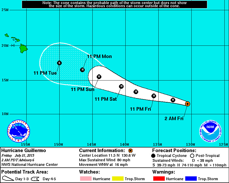 Coastal Watches/Warnings and 3-Day Forecast Cone for Storm Center, courtesy the National Weather Service