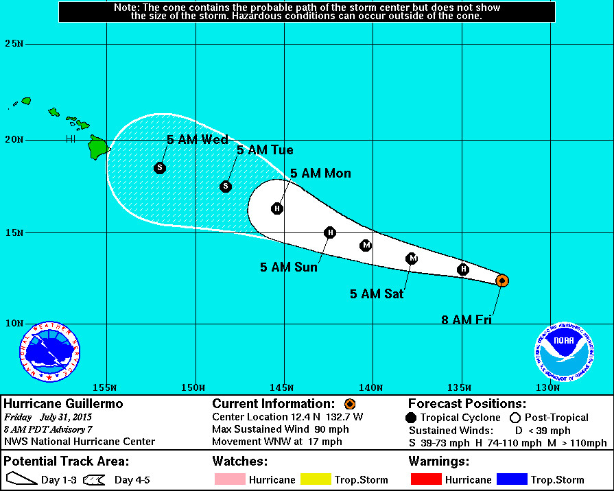 Coastal Watches/Warnings and 3-Day Forecast Cone for Storm Center, courtesy the National Weather Service