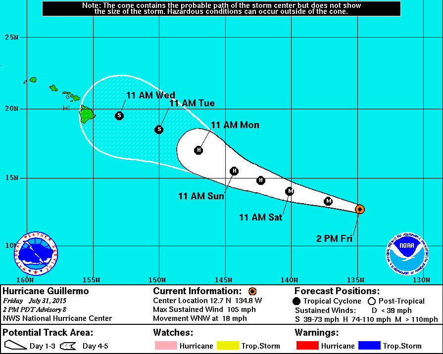 Coastal Watches/Warnings and 5-Day Forecast Cone for Storm Center, courtesy National Weather Service