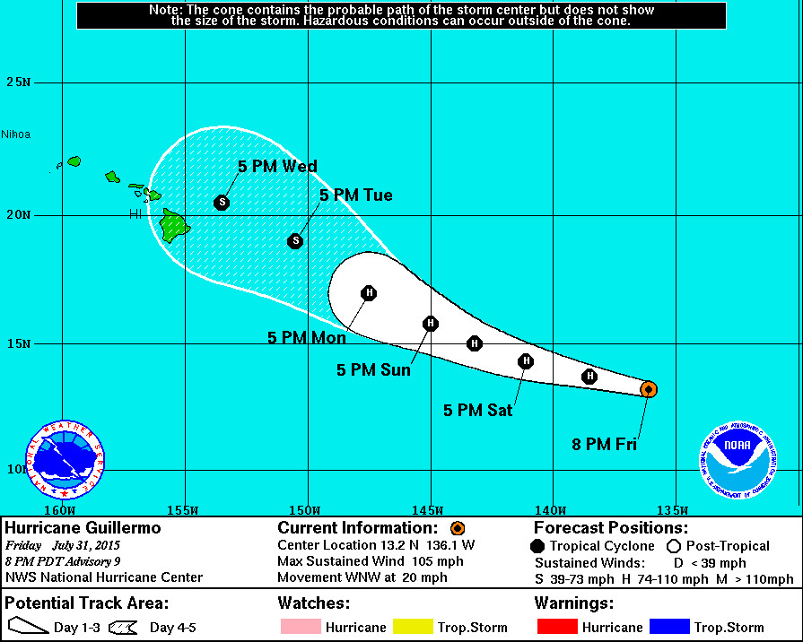 Coastal Watches/Warnings and 5-Day Forecast Cone for Storm Center, courtesy National Weather Service