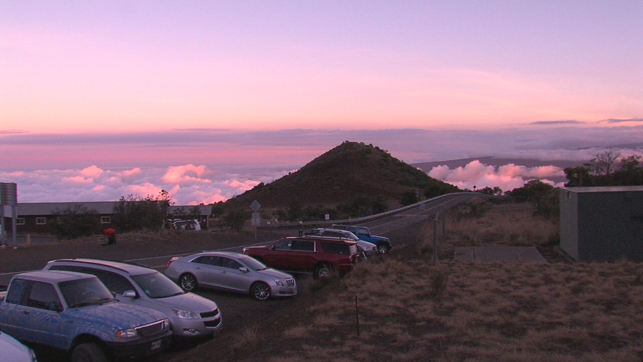 Hale Pohaku area along the Mauna Kea Access Road at sunset.