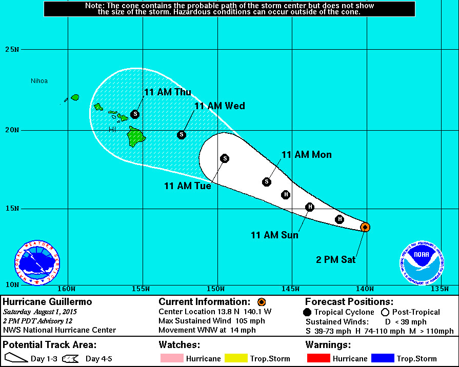 Coastal Watches/Warnings and 5-Day Forecast Cone for Storm Center, courtesy National Weather Service