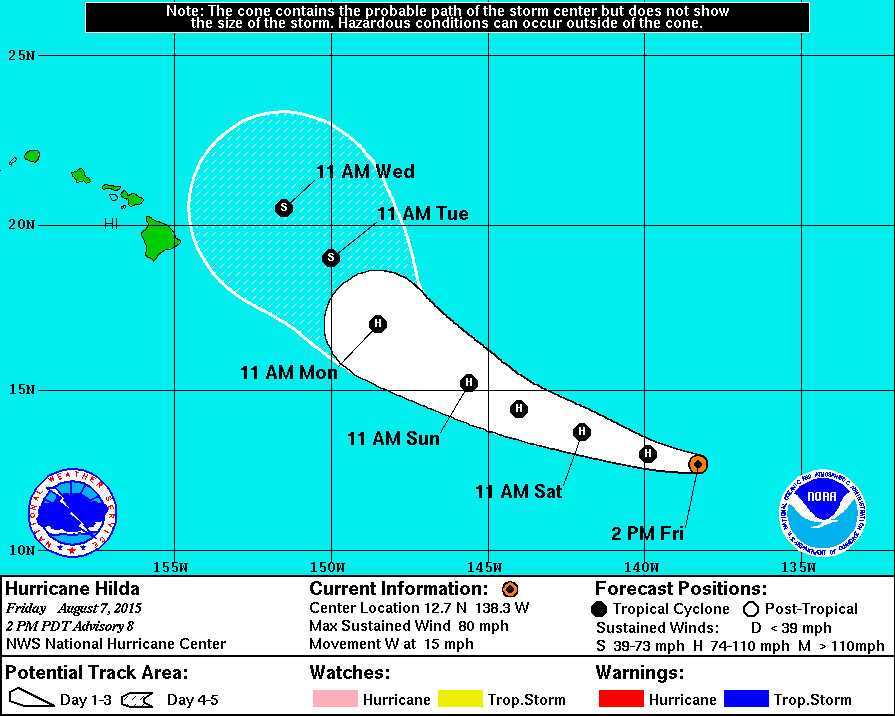 Coastal Watches/Warnings and 5-Day Forecast Cone for Storm Center, courtesy the National Weather Service