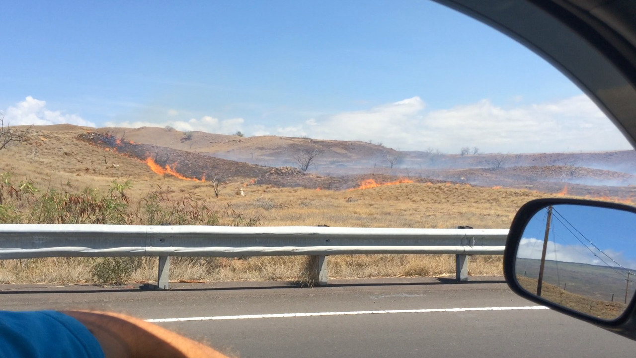 Brushfire approaches Kawaihae Road, image courtesy Visionary Video