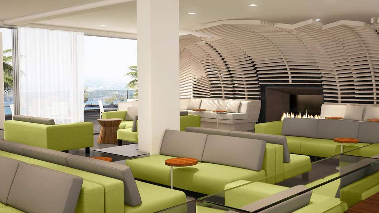 A rendering of the future lobby area at the Naniloa Hotel