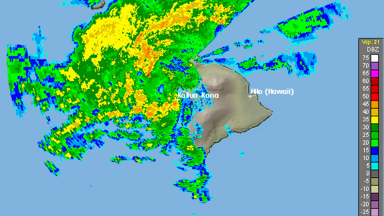 Cropped National Weather Service Enhanced Radar image shows heavy rain moving over West Hawaii at 9:44 a.m. HST