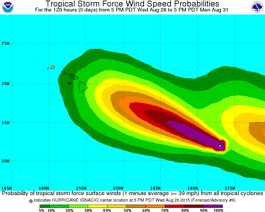 Tropical Storm Force Wind Speed Probabilities - 120 Hours by NWS at 5 p.m. HST. The storm following closely behind is Tropical Depression THIRTEEN-E, which is also forecast to become a major hurricane. 