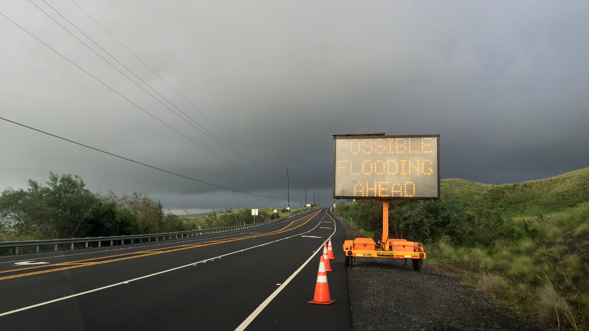 This sign warns motorists on Highway 190 near the Daniel K. Inouye highway intersection in West Hawaii.