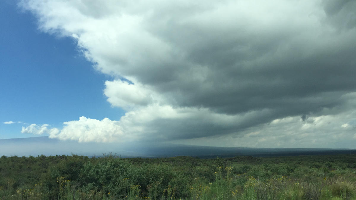 Clouds gather over the Humu'ula Saddle, stretching from Mauna Loa across the Daniel K. Inouye Memorial Highway. (by David Corrigan)