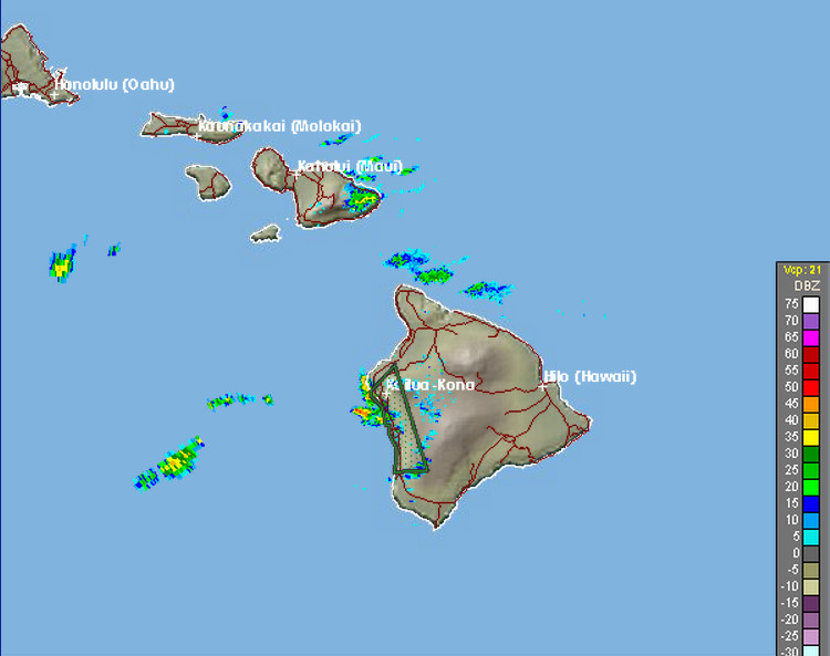 National Weather Service Enhanced Radar Image shows the activity over Kona as well as the outline of the Flash Flood Warning area.