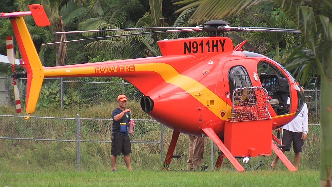 Hawaii County rescue chopper at the ready in the Boiling Pots parking lot on Wednesday.