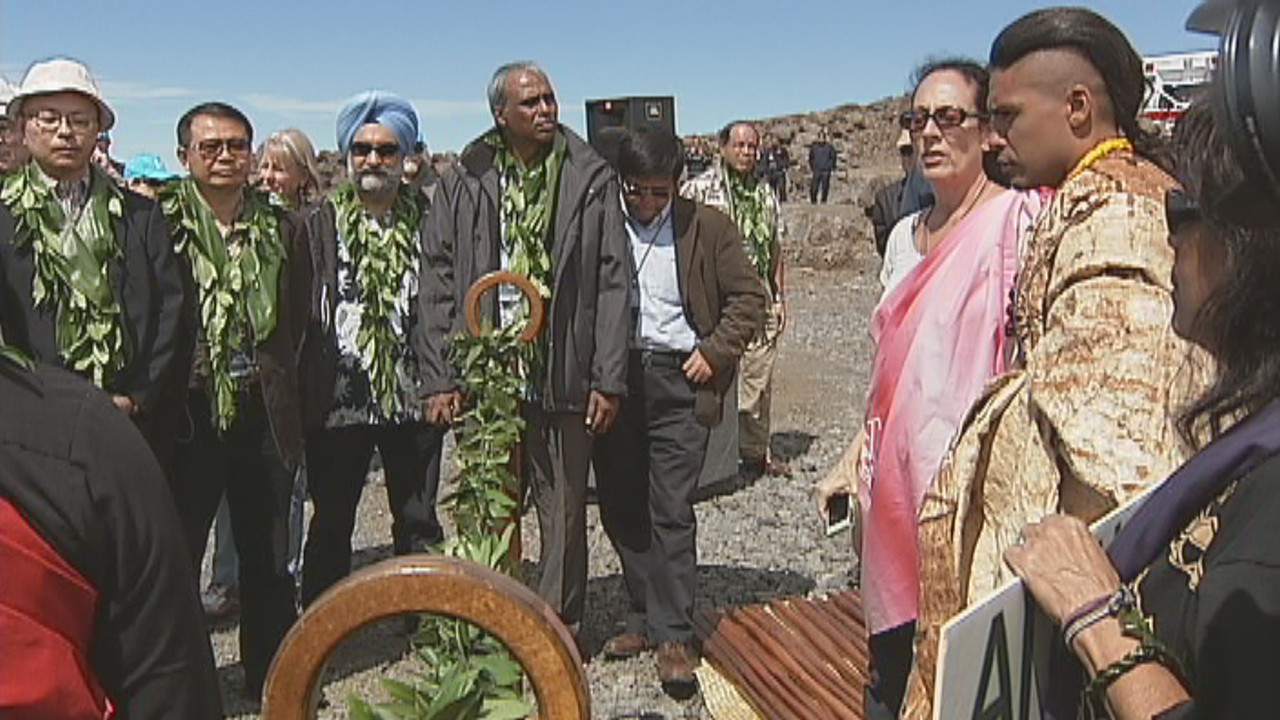 Frame grab from video of the maile lei standoff, filmed on the summit of Mauna Kea October 7, 2014. 