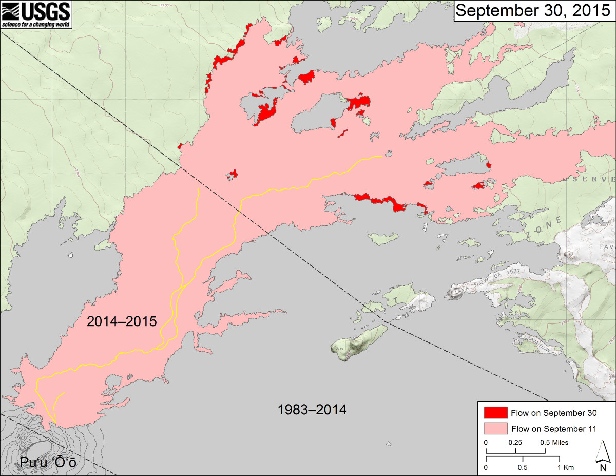 This USGS map shows recent changes to Kīlauea’s active East Rift Zone lava flow field. The area of the flow on September 11 is shown in pink, while widening and advancement of the flow as of September 30 (based on satellite imagery) is shown in red. The yellow lines show the active lava tube system. Puʻu ʻŌʻō lava flows erupted prior to June 27, 2014, are shown in gray. This map does not reflect today's activity.