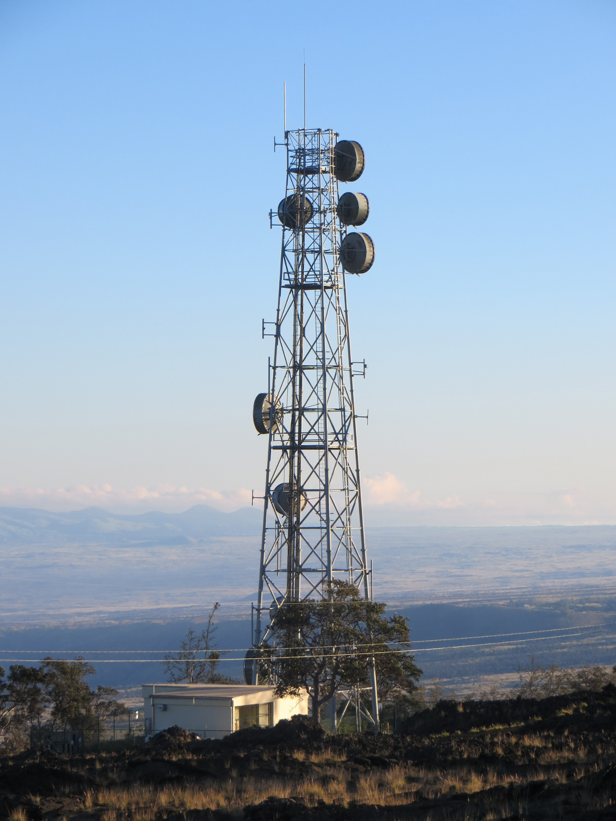 The Kaupulehu tower, one of 15 tower sites that comprise the Anuenue digital microwave system throughout the Hawaiian Islands (U.S. Coast Guard photo)