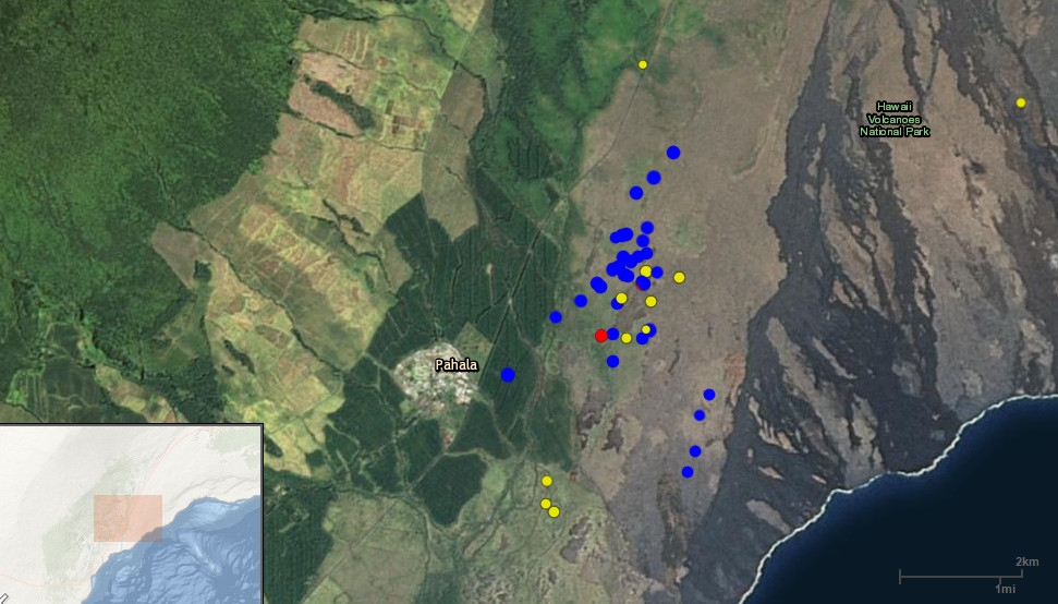 Screen capture taken Monday showing the USGS interactive earthquake map. The swarm is makai of Highway 11, north of Pahala town.