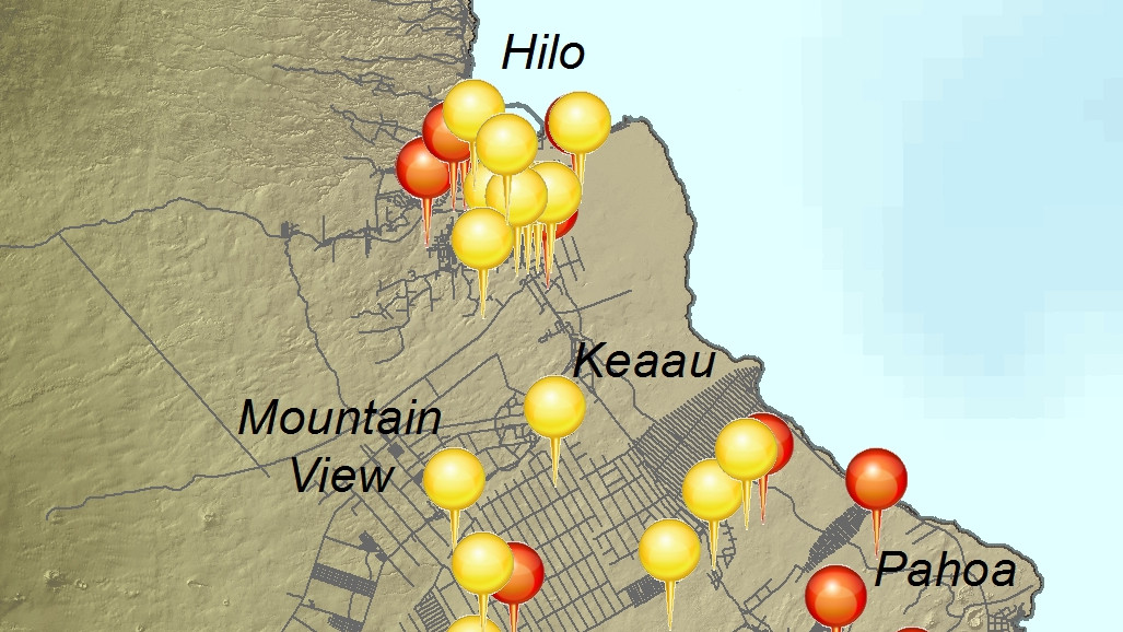Subset of the Nov. 20 civil defense map showing case locations in Hilo and Puna. Full map below.