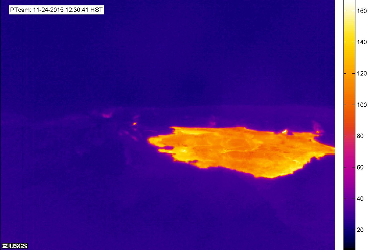 (USGS webcam) This image is from a temporary thermal camera positioned on the northwest flank of Pu'u ʻO'o, looking southeast at Pu'u ʻO'o's summit crater. 