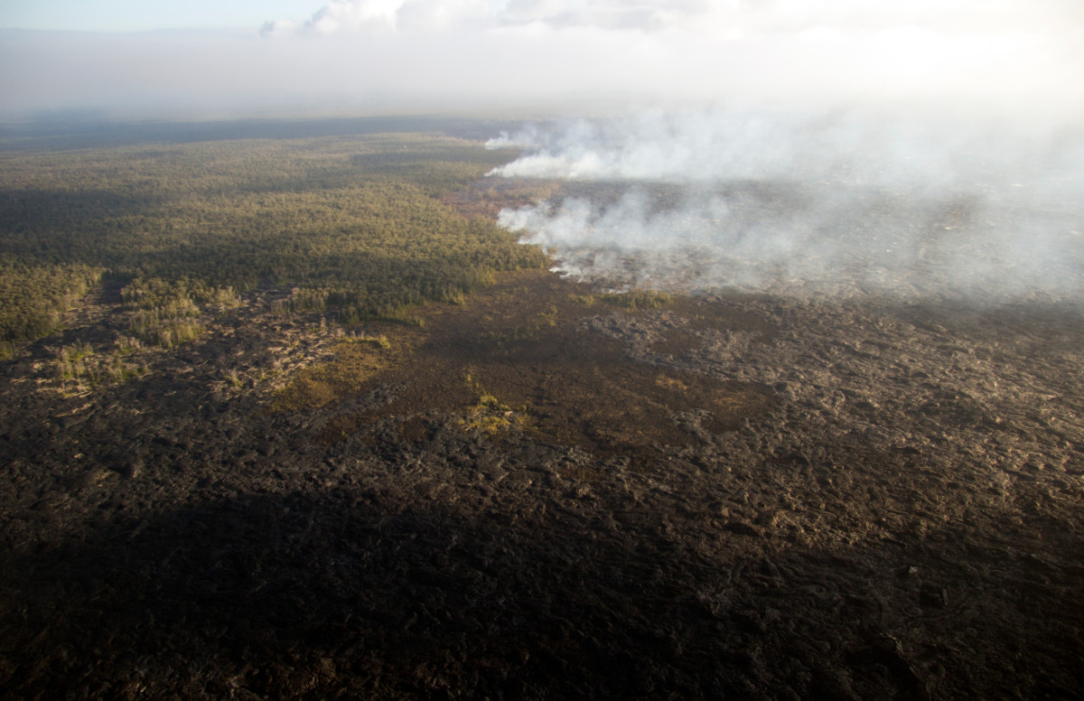 (USGS) Breakouts are active along the northern boundary of the flow field, and are burning several small patches of forest - creating the smoke plumes visible near the center of the photograph