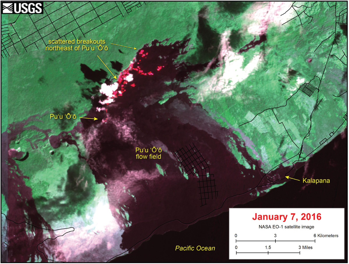 This satellite image was captured on Thursday, January 7, by the Advanced Land Imager instrument onboard NASA's Earth Observing 1 satellite. The image is provided courtesy of NASA's Jet Propulsion Laboratory. Although this is a false-color image, the color map has been chosen to mimic what the human eye would expect to see. Bright red pixels depict areas of very high temperatures and show active lava. White areas are clouds. (USGS HVO)