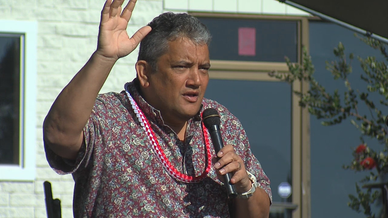 Mayor Billy Kenoi speaking at the Waimea Cherry Blossom Festival on Saturday, Feb. 6, 2016. 