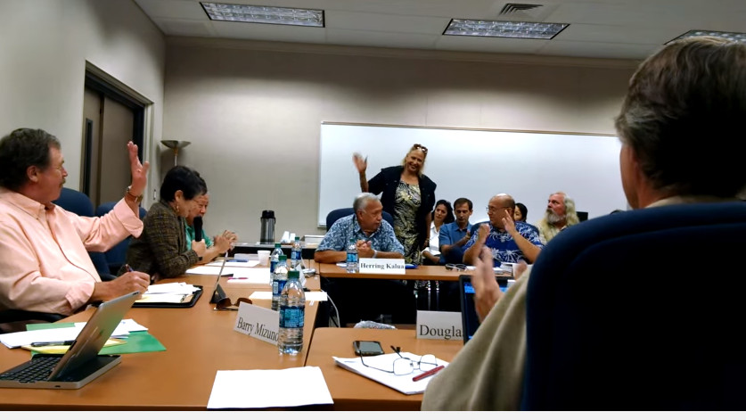 Lukela Ruddle is introduced to the Mauna Kea Management Board on Feb. 4, taken from video by Nanci Munroe.
