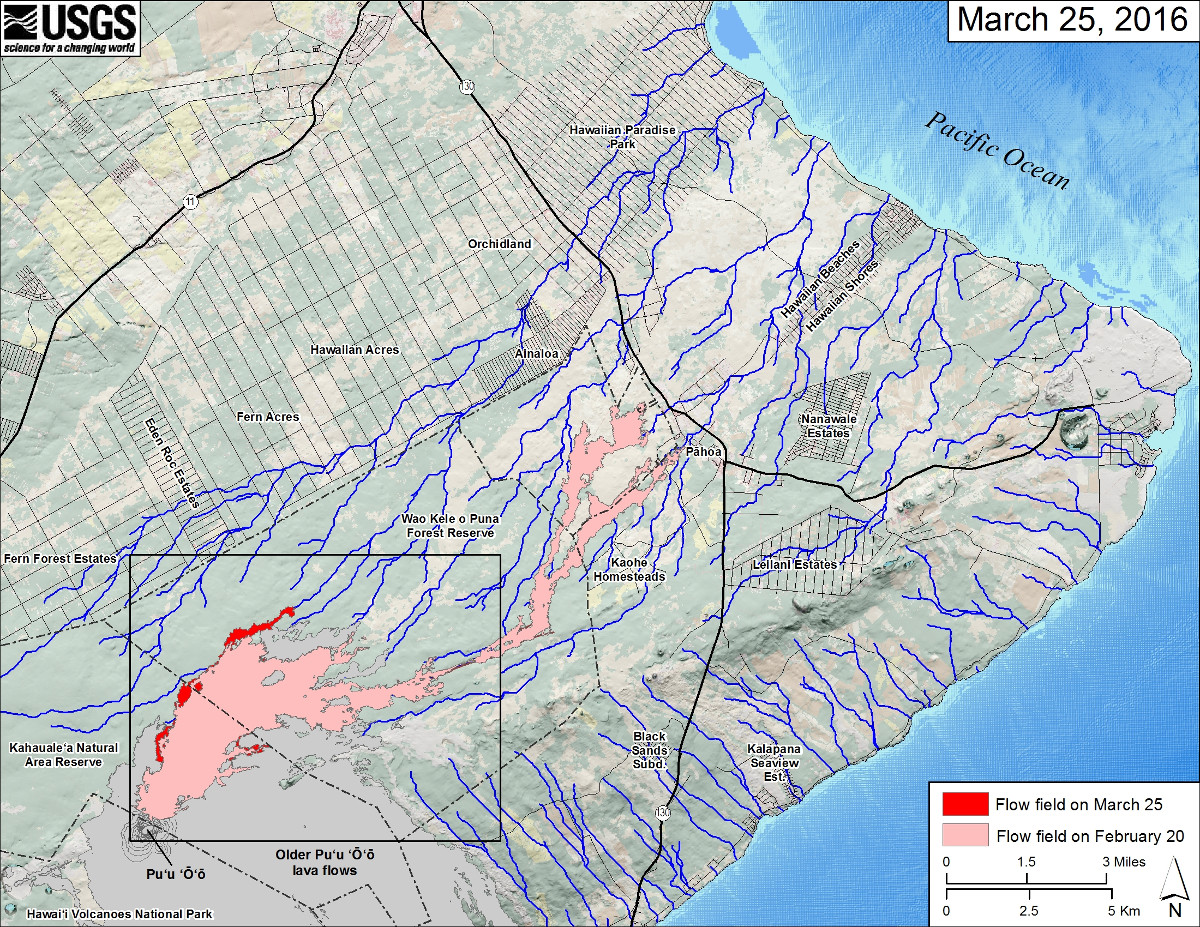 USGS MAP: This small-scale map shows Kīlauea’s active East Rift Zone lava flow field in relation to the eastern part of the Island of Hawaiʻi. The area of the flow field on February 20 is shown in pink, while widening and advancement of the flow field as mapped on March 25 is shown in red. Puʻu ʻŌʻō lava flows erupted prior to June 27, 2014, are shown in gray. The black box shows the extent of the accompanying large scale maps. The blue lines show steepest-descent paths calculated from a 1983 digital elevation model (DEM). Steepest-descent path analysis is based on the assumption that the DEM perfectly represents the earth's surface. DEMs, however, are not perfect, so the blue lines on this map can be used to infer only approximate potential flow paths. The base map is a partly transparent regional land cover map from National Oceanic and Atmospheric Administration (NOAA) Office of Coastal Management draped over a 1983 10-m digital elevation model (DEM). The bathymetry is also from NOAA.