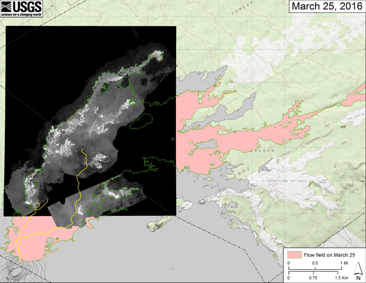 USGS MAP: This map overlays a georeferenced thermal image mosaic onto the current map of the flow field near Puʻu ʻŌʻō to show the distribution of active and recently active breakouts. The thermal images were collected during a helicopter overflight on March 25. The June 27th flow field as of March 25 is outlined in green for comparison. The yellow lines show the active lava tube system, as currently mapped. Puʻu ʻŌʻō is at lower left.