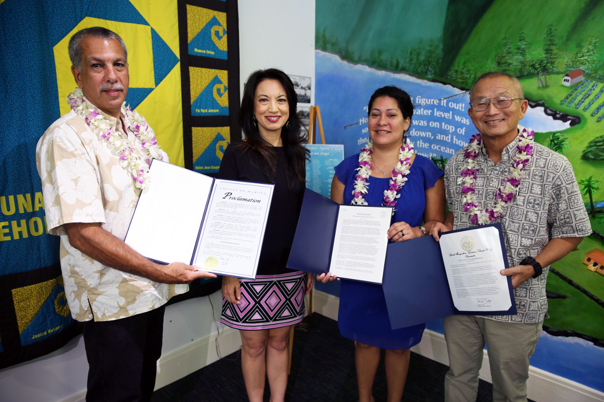 Proclamation and special message presentation (from left to right) - Chief Darryl Oliveira, Administrator of the Hawaii County Civil Defense Agency; Marlene Murray, Executive Director for the Pacific Tsunami Museum; Marlena Dixon, a local representative of U.S. Senator Brian Schatz; and Vern Miyagi, Administrator of Emergency Management. (courtesy HEMA)