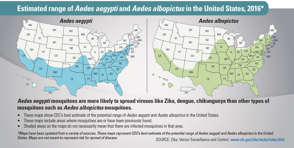 Estimated range of Aedes aegypti and Aedes albopictus in the United States, 2016, courtesy CDC.
