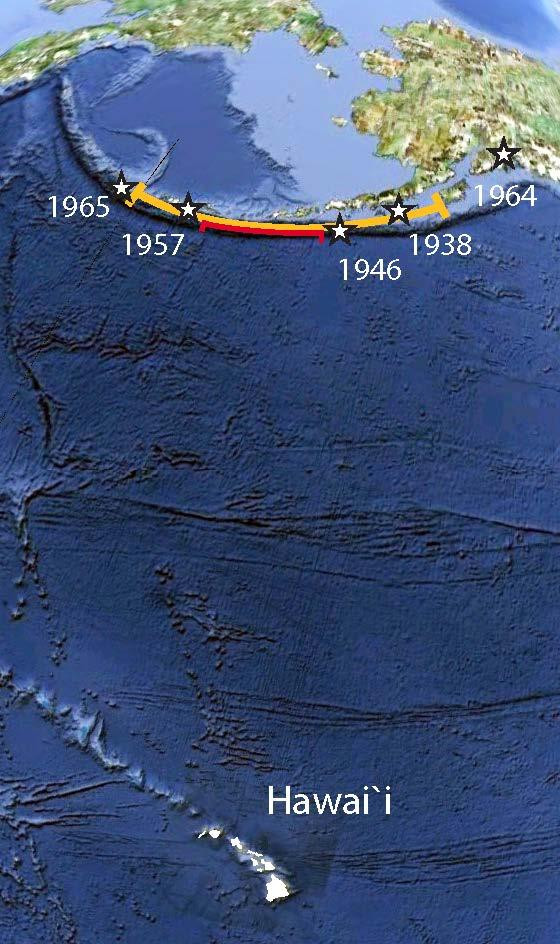 The map showing the Aleutians with respect to Hawai’i. The red and yellow arcs indicate the sections of the Aleutian subduction zones considered in the probability analysis. Stars and dates indicate epicenters of prior 20th century great earthquakes (Mw > 8). Credit: Butler et al., 2016.   