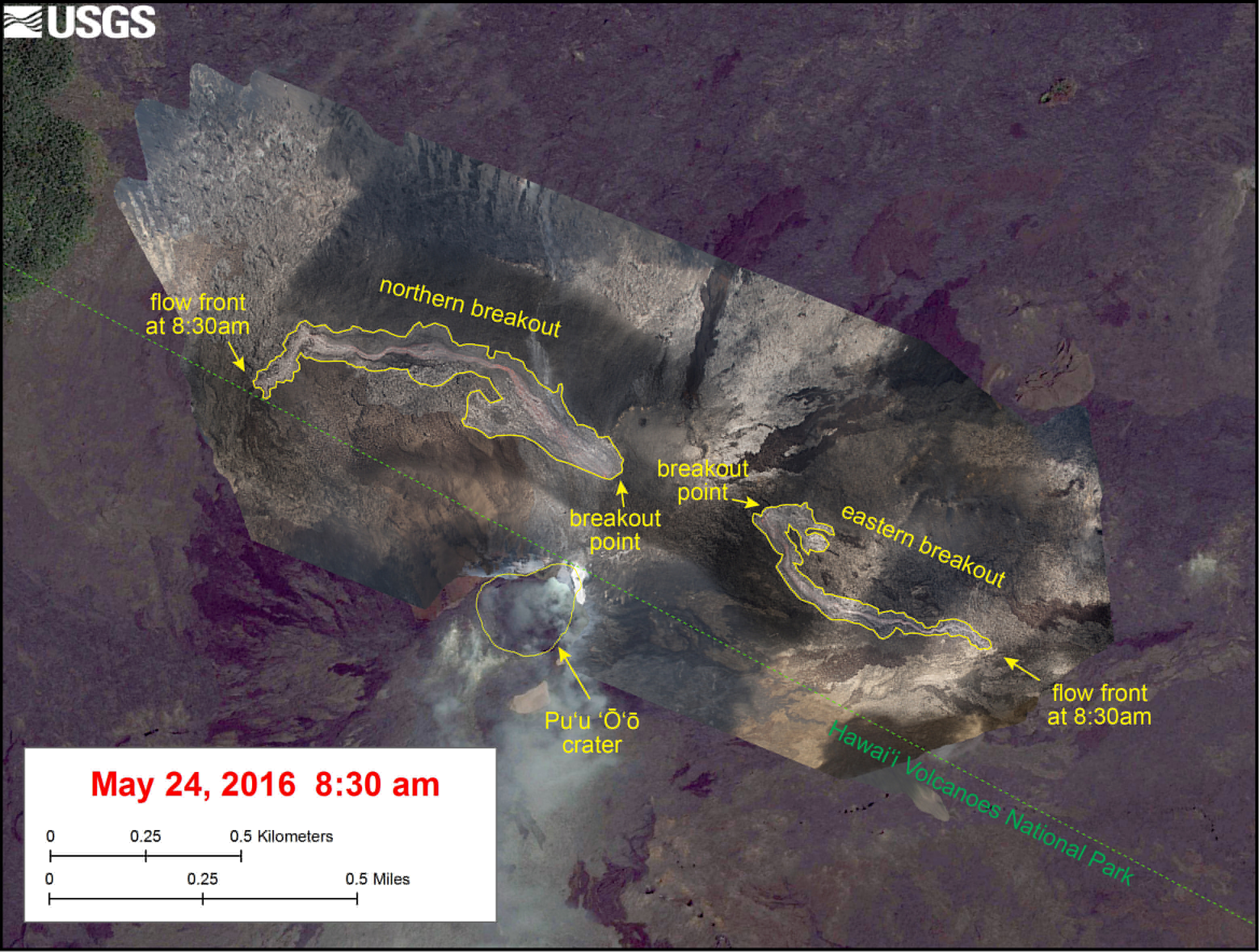 USGS map: The new breakouts had not extended beyond the boundary of the Puʻu ʻŌʻō flow field at the time the photos were taken, and neither lava flow currently poses an immediate threat to nearby communities, scientists say.