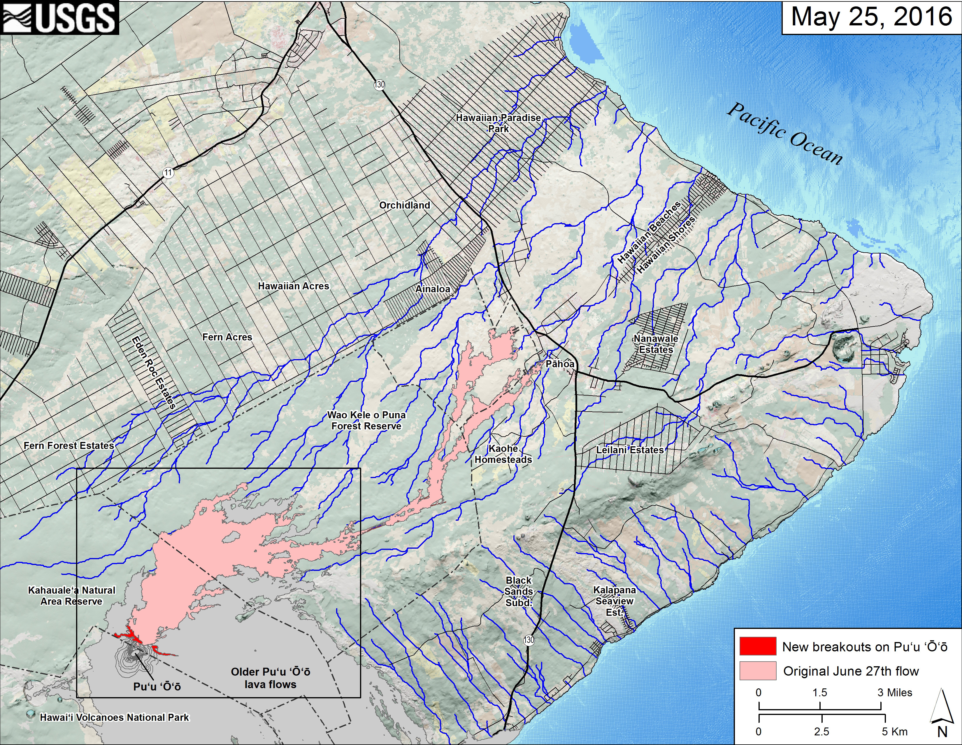 This small-scale USGS map shows Kīlauea’s active East Rift Zone lava flow field in relation to the eastern part of the Island of Hawaiʻi. USGS says the  new breakouts from Puʻu ʻŌʻō that began on May 24 are shown in red, as mapped on May 25. The area of the original June 27th lava flow field is shown in pink, as last mapped in detail on May 9. Puʻu ʻŌʻō lava flows erupted prior to June 27, 2014, are shown in gray. The black box shows the extent of the accompanying large scale map. Click for a closer view.