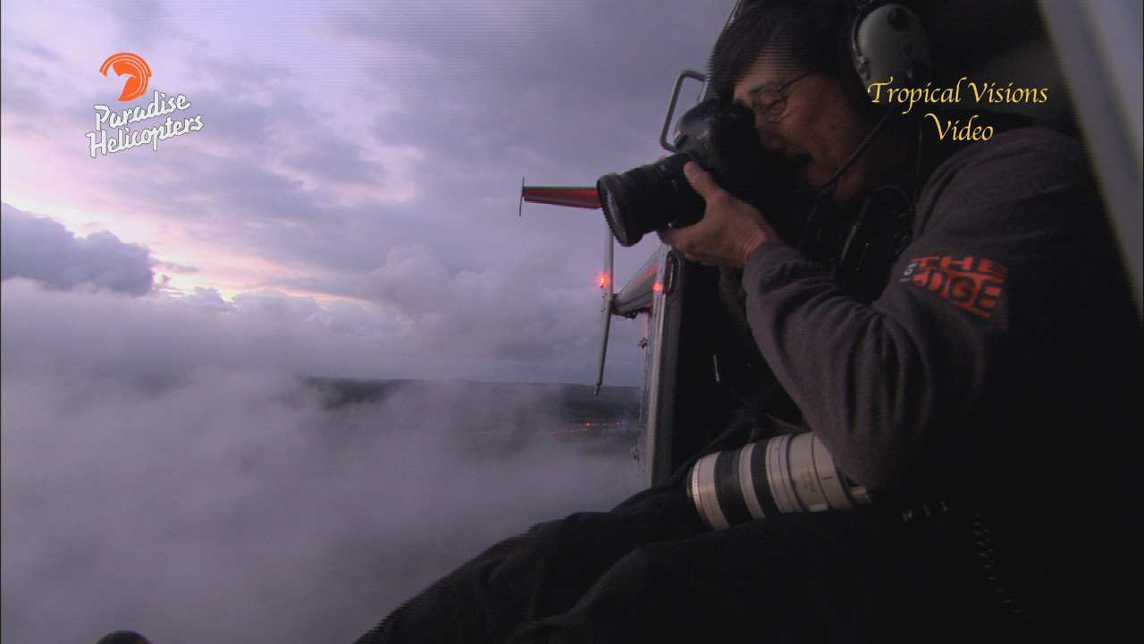 Bruce Omori and Tom Kuali'i joined Kabler on the flight. They operate the "Extreme Exposures" photo art gallery. Omori is out over the lava fields with Paradise Helicopters often, and with increased frequency since the new breakouts began. Image from video by Mick Kalber.