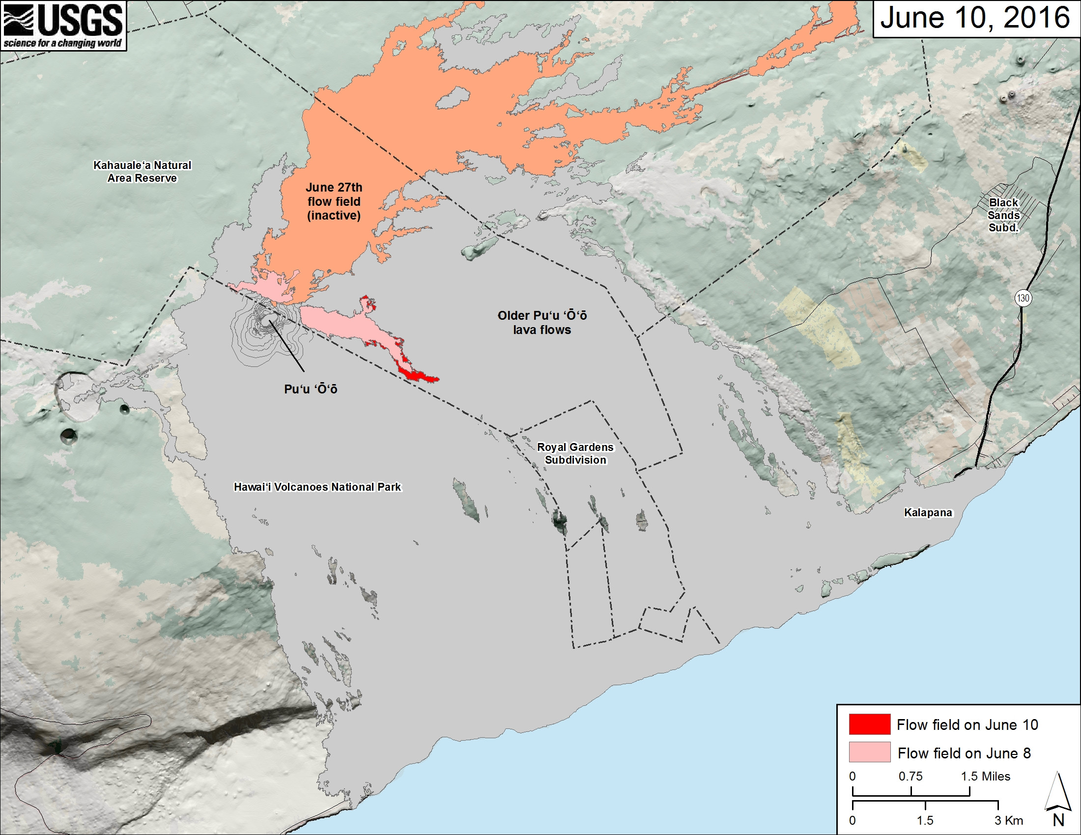 (USGS map) The area of the active flow field on June 8 is shown in pink, while widening and advancement of the flow field as mapped on June 10 is shown in red. The area covered by the June 27th flow (now inactive) as of June 2 is shown in orange. The Puʻu ʻŌʻō lava flows erupted prior to June 27, 2014, are shown in gray. 