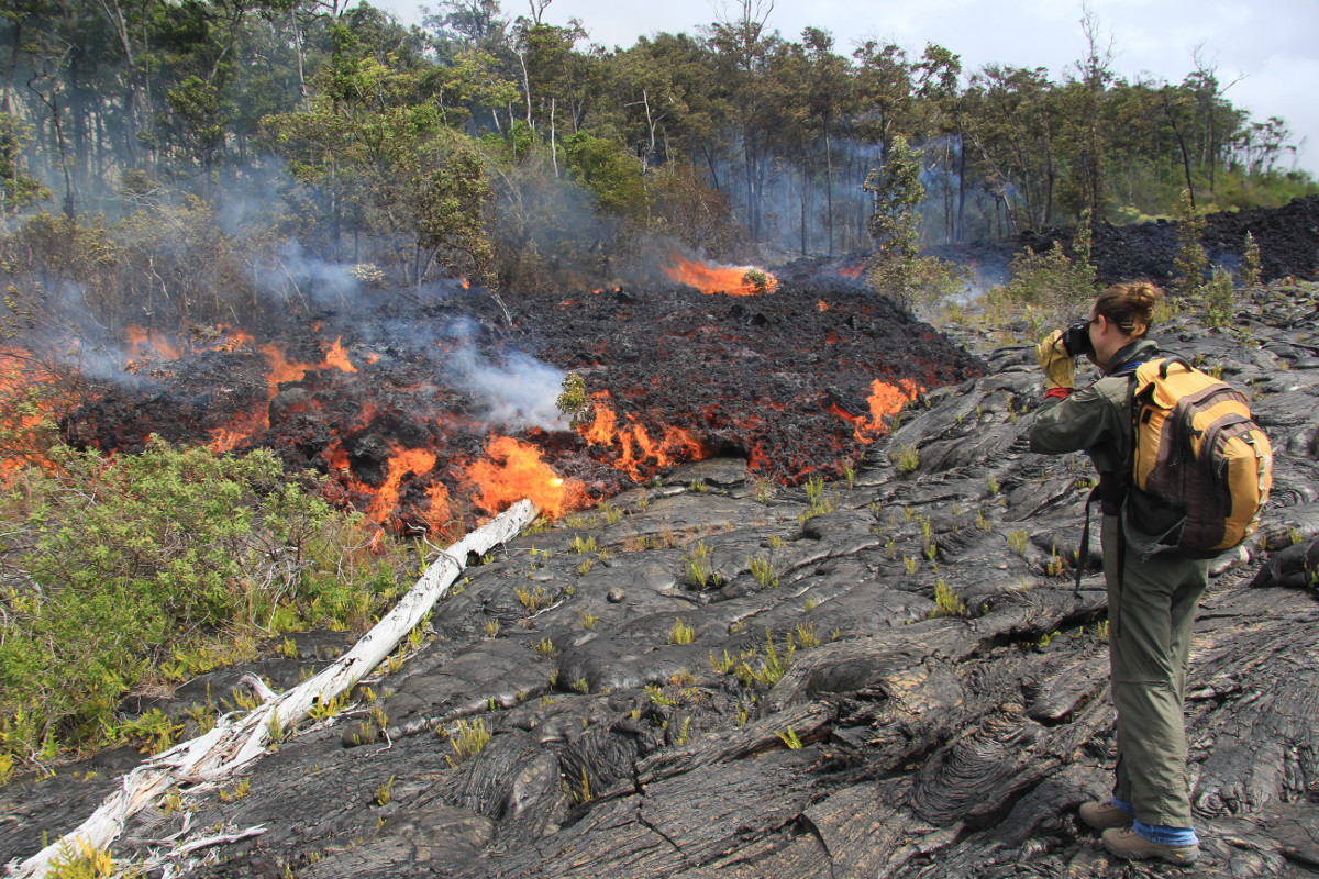 (USGS photo) An HVO geologist photographs the front of the channelized ʻaʻā flow.