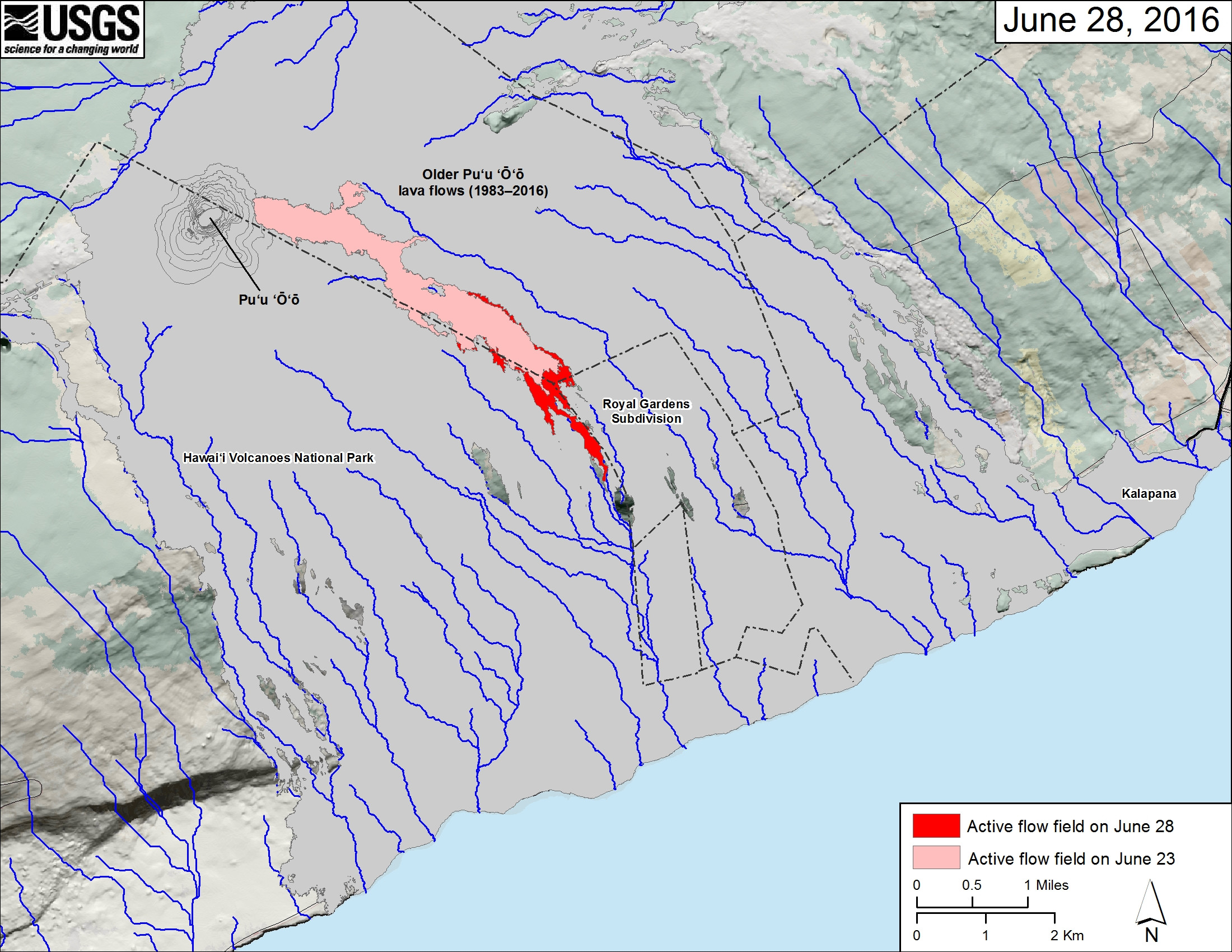 (USGS map) This small-scale map shows Kīlauea’s active East Rift Zone lava flow field in relation to the southeastern part of the Island of Hawaiʻi. The area of the active flow field on June 23 is shown in pink, while widening and advancement of the active flow field as mapped on June 28 is shown in red. Older Puʻu ʻŌʻō lava flows (1983–2016) are shown in gray.