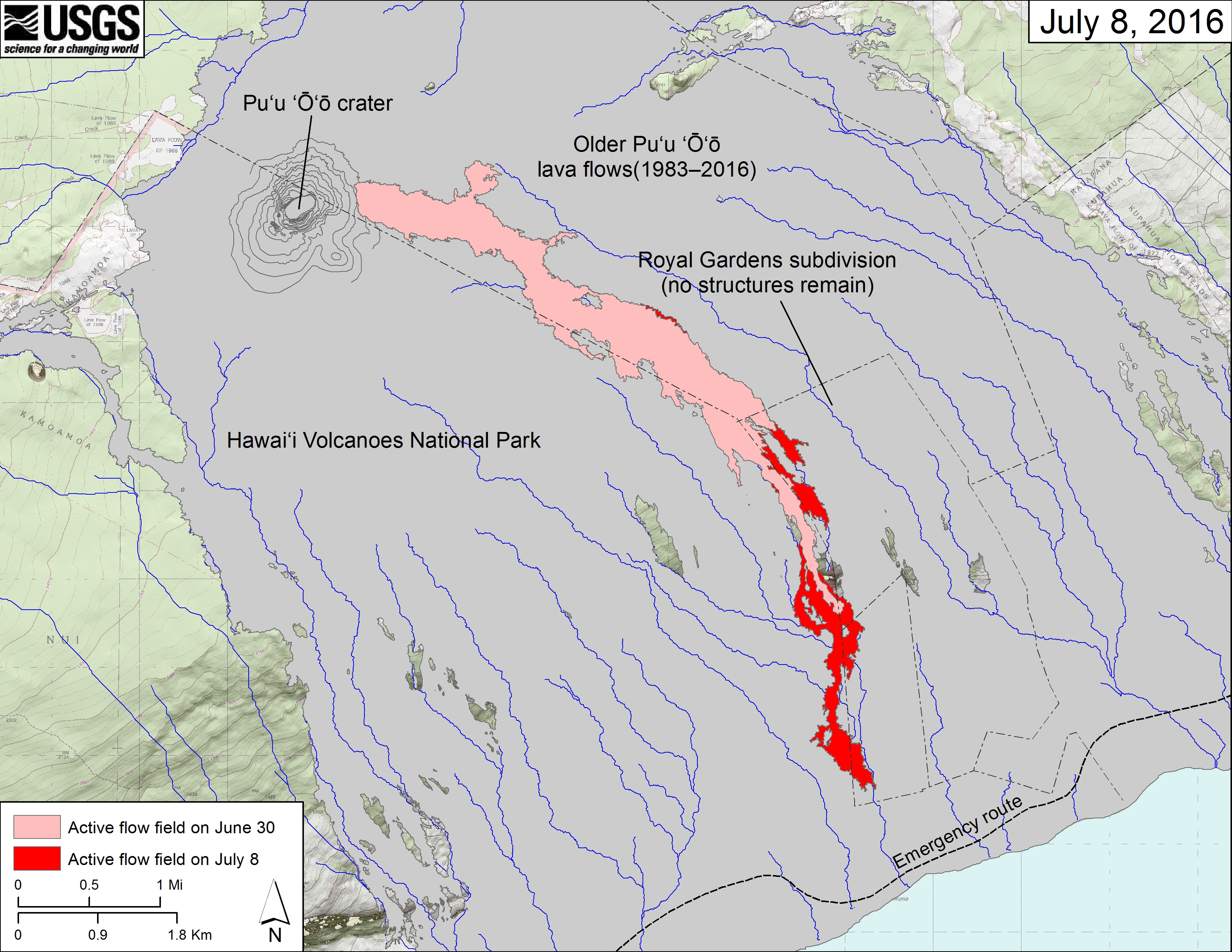 (USGS map) The area of the active flow field as of June 30 is shown in pink, while widening and advancement of the active flow as mapped on July 8 is shown in red. Older Puʻu ʻŌʻō lava flows (1983–2016) are shown in gray.