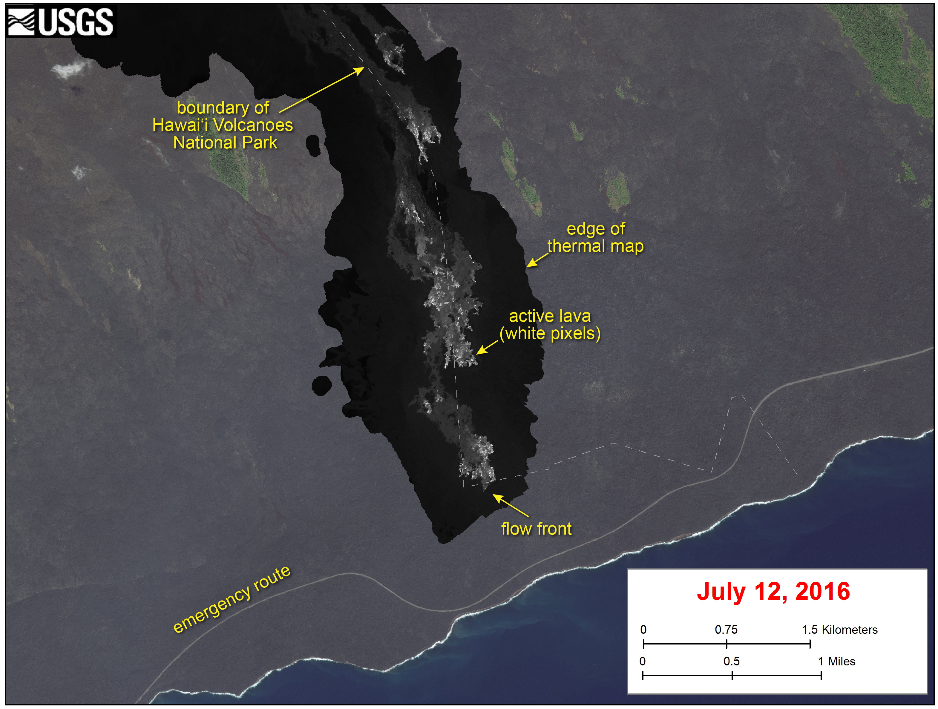 (USGS) This image shows a thermal map of the flow on the pali and coastal plain, created from airborne thermal images. White pixels are hot, and show areas of active surface breakouts. The background image is a satellite image collected before the current lava flow was active.