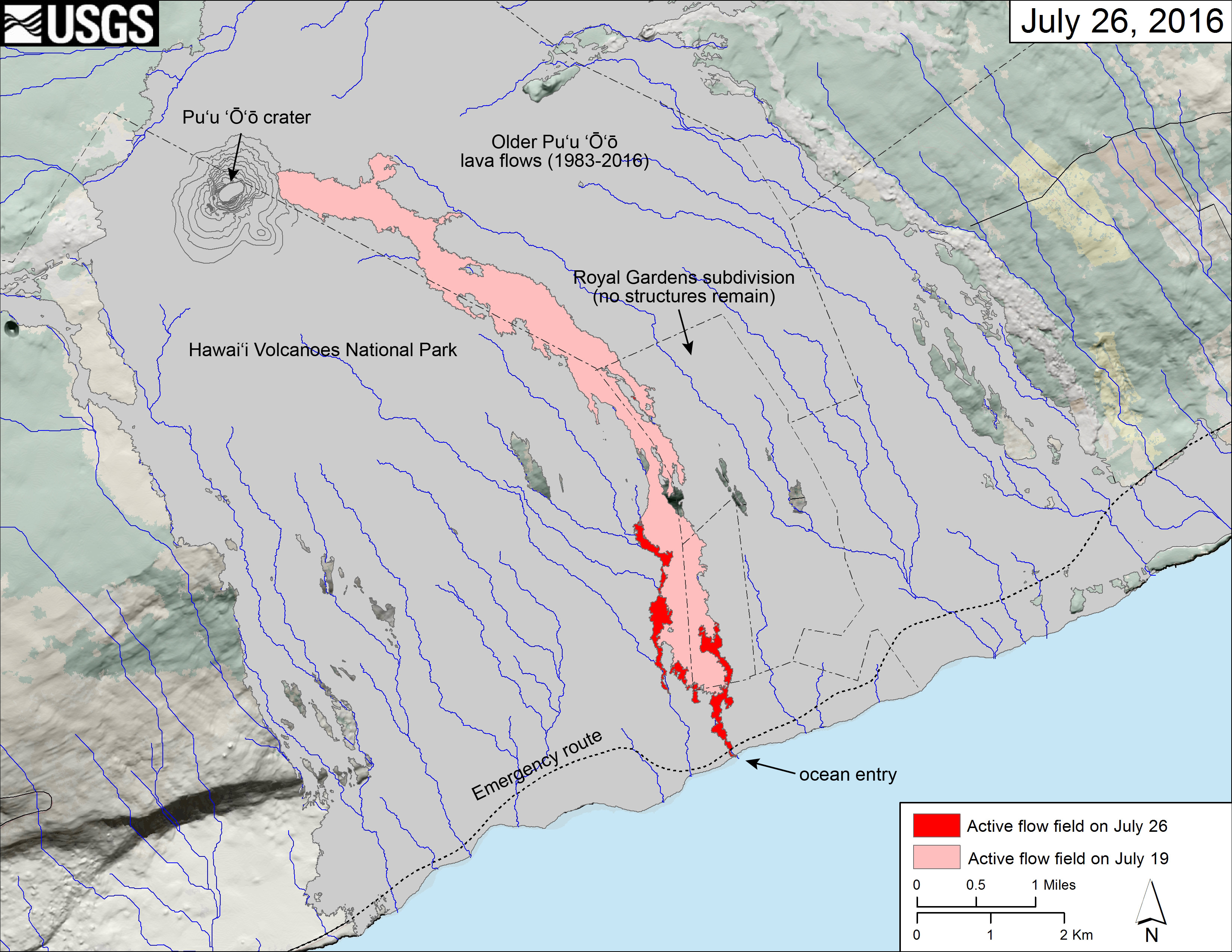 (USGS map) The area of the active flow field as of July 19 is shown in pink, while widening and advancement of the active flow as mapped on July 26 is shown in red. Lava reached the ocean on the morning of July 26. Older Puʻu ʻŌʻō lava flows (1983–2016) are shown in gray.