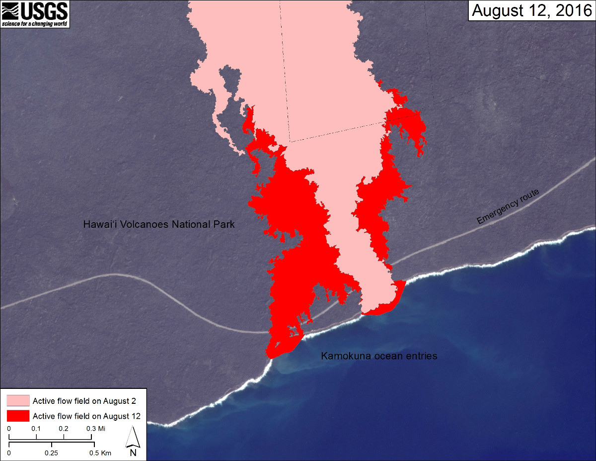 (USGS map) The area of the active flow field as of August 2 is shown in pink, while widening and advancement of the active flow as mapped on August 12 is shown in red. 