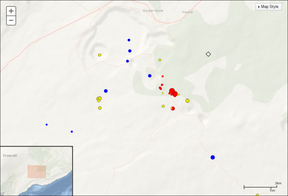 Screen grab of the USGS Hawaiian Volcano Observatory's "Recent Earthquakes in Hawaii" page. The red dots are quakes that occurred within the last two hours. (Wed Aug 24, 2016 14:08:56 HST)
