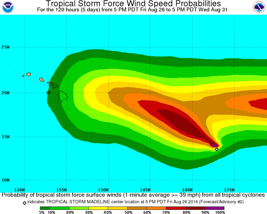 Hawaii Island already has a chance of seeing tropical storm force winds in 5 days. This NWS probability map also shows the approach of Hurricane Lester, right behind Madeline.