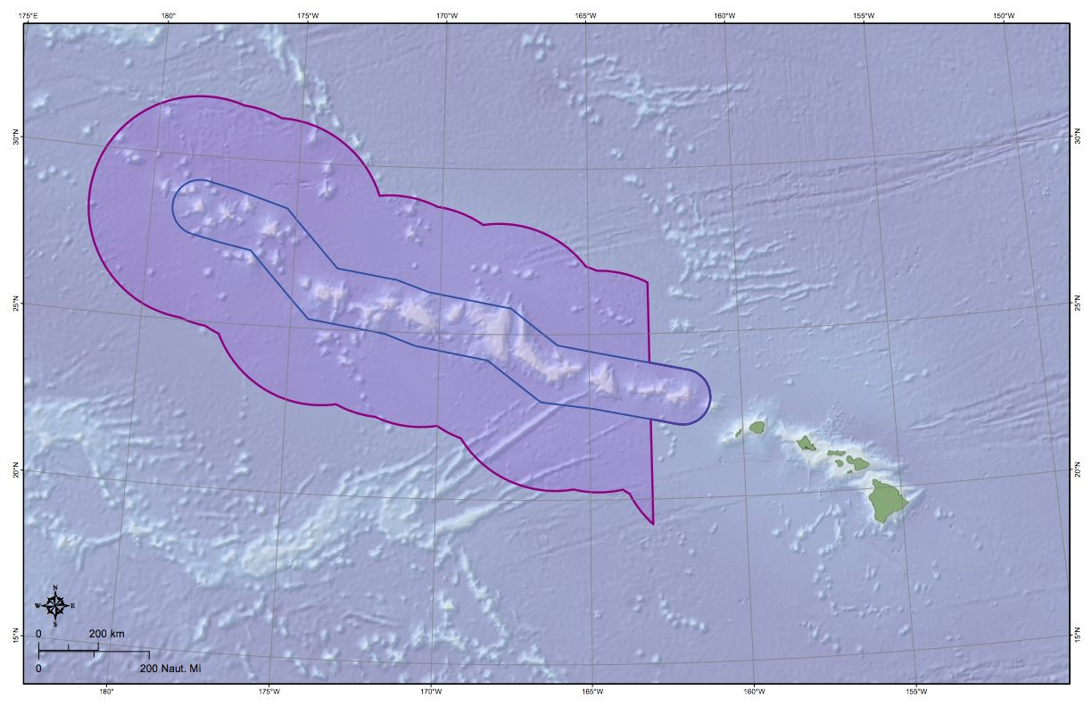 NOAA map showing the expanded area of Papahānaumokuākea Marine National Monument. The new boundary extends out to the U.S. EEZ (shown in purple). The monument's original area is shown in blue.