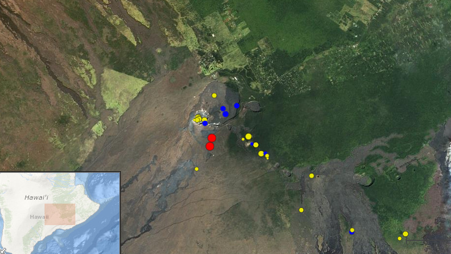 The red dots show the two magnitude 3.1 earthquakes that occurred today near the summit. The blue dots are quakes that occurred within the last two days, and the yellow dots show quakes from the last two weeks. Screen grab from the USGS HVO webspage. 