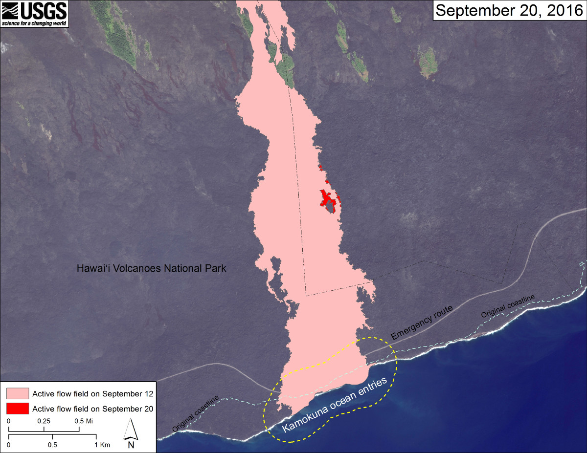 The most recent map from USGS shows the  area of the active flow field as of September 12 (in pink), while widening and advancement of the active flow as mapped on September 20 is shown in red. The dashed blue line shows the pre-1983 coastline. The dotted line surrounding the Kamokuna lava delta indicates a distance of 790 feet, which is the maximum documented distance that rocks and spatter have been thrown inland from the older sea cliff by delta explosions that occurred during the Puʻu ʻŌʻō eruption.