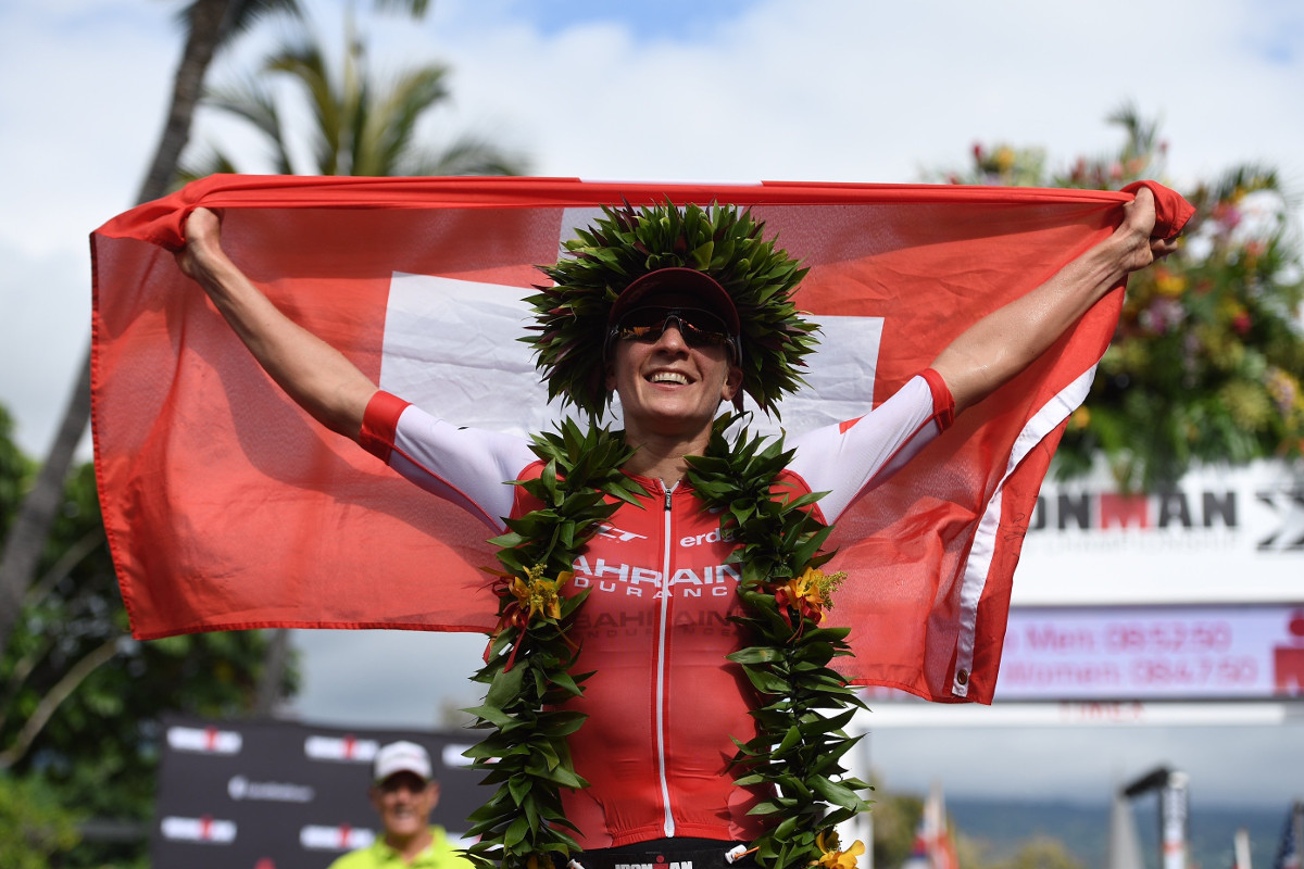 SWISS SUCCESS. Switzerland’s star Daniela Ryf basks in the glory of her historic victory at the 2016 IRONMAN World Championship triathlon on October 8, 2016 in Kailua Kona, Hawai'i. With a race time of 8:46:46, she set a new course record and became the sixth woman in IRONMAN annals to win back-to-back titles. (Photo by Donald Miralle/IRONMAN) –  Copyright © 2016 IRONMAN