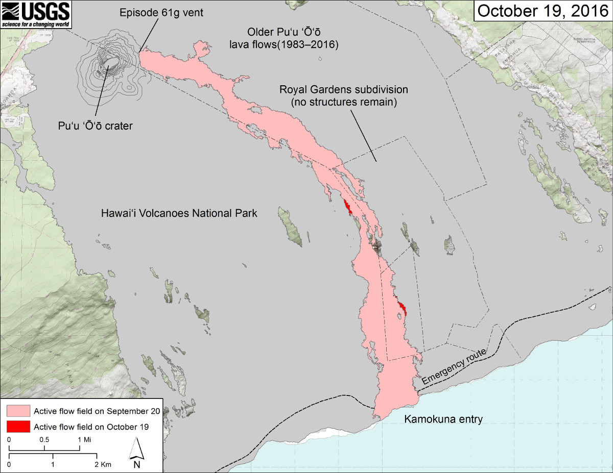 (USGS) This map shows recent changes to Kīlauea’s East Rift Zone lava flow field. The area of the active flow field as of September 20 is shown in pink, while widening and advancement of the active flow as mapped on October 19 from satellite imagery is shown in red. Older Puʻu ʻŌʻō lava flows (1983–2016) are shown in gray.