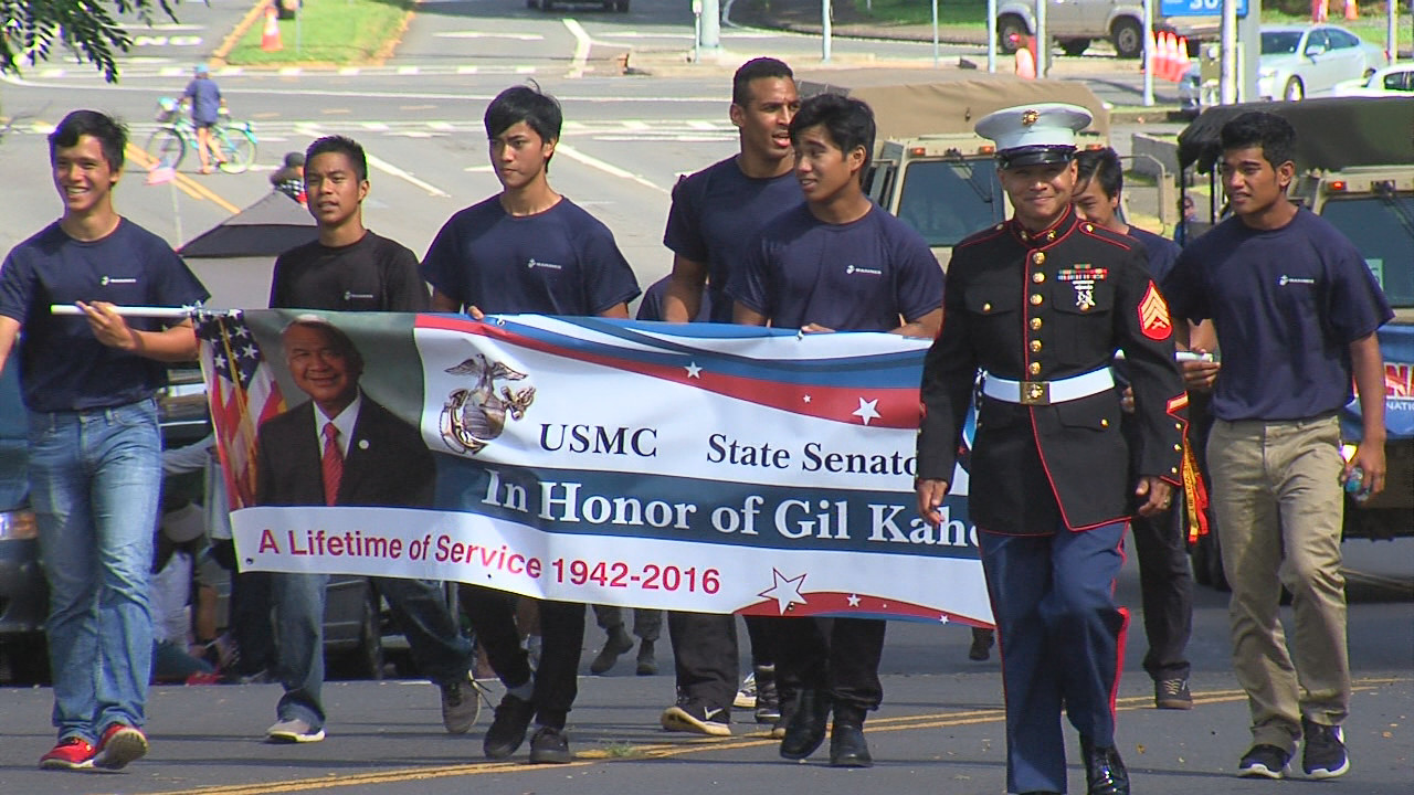 The late Hilo State Senator Gil Kahele and his 'Ohana were the Grand Marshal of the parade.