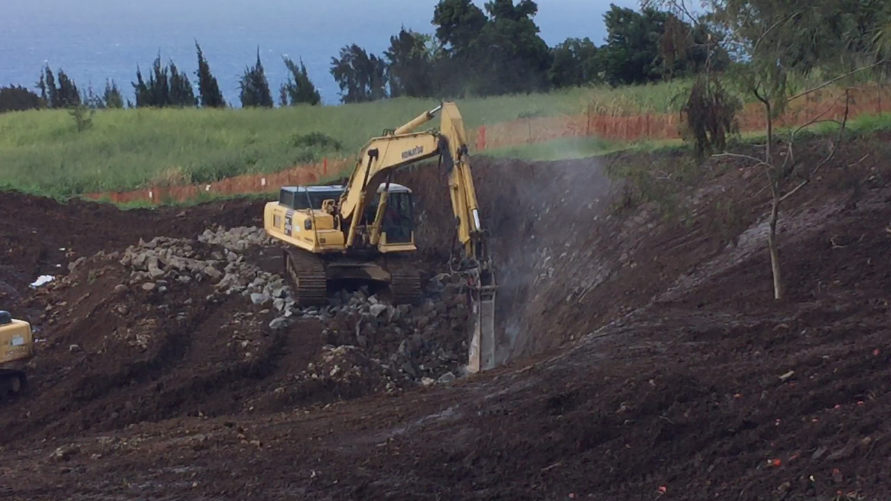 Construction crews drill into the rock at Kukuihaele Park. Image from video taken by resident Koohan Paik, who is opposed to the county's plan to build a baseball field at this location. 